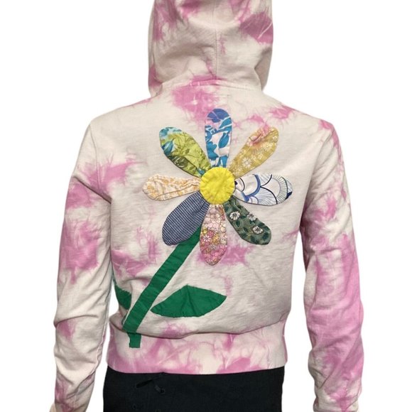 Lucky Brand Hoodie Small 3D Patchwork Flower Pink Tie Dyed Full Zip Pouch Knit - Picture 5 of 6